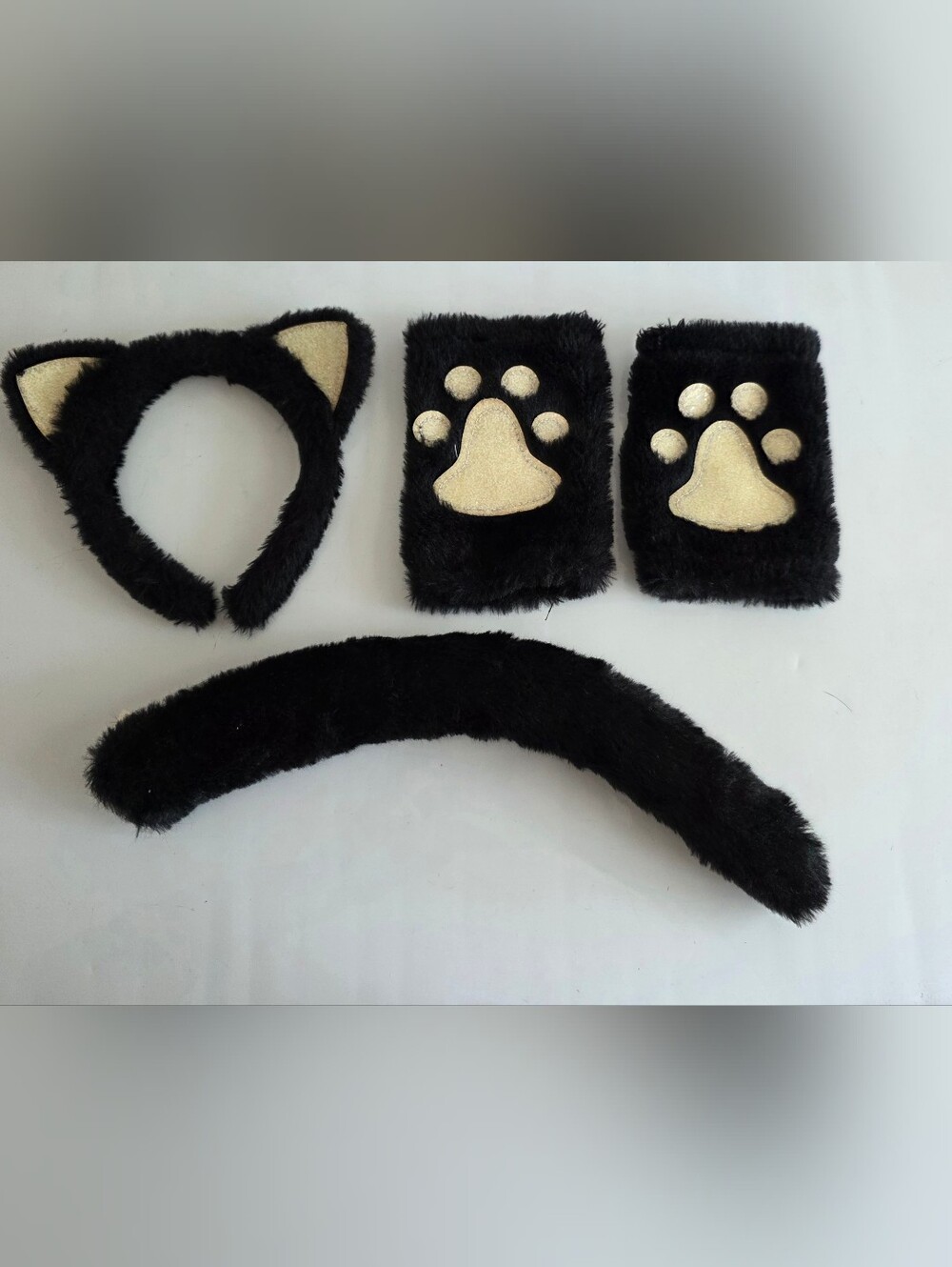 Black Faux Fur Cat Ear Headband and Paw Wristbands Set 3 Pieces Bundle.